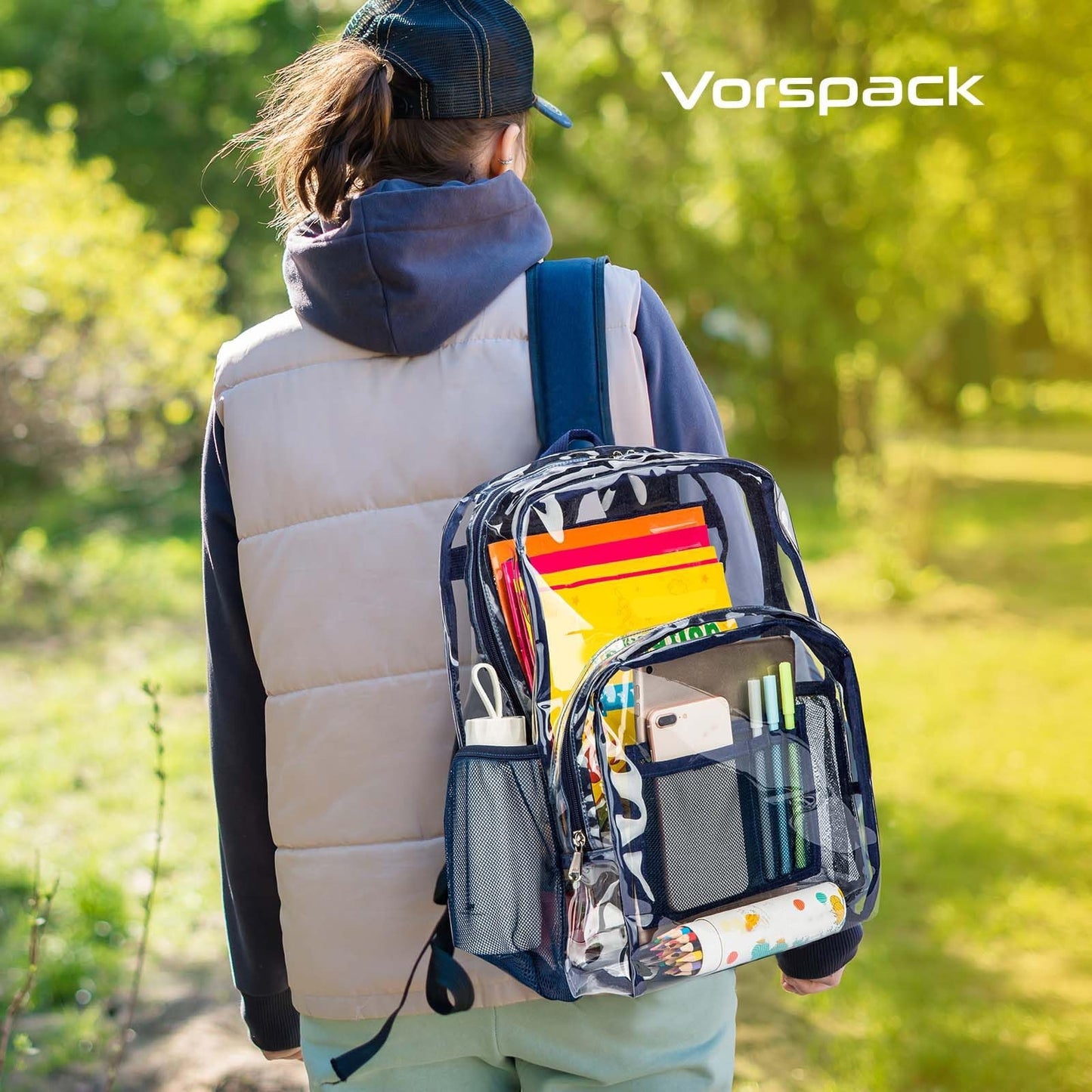 Clear PVC Backpack, Heavy Duty Transparent Bag with Reinforced Straps, Large Cap1