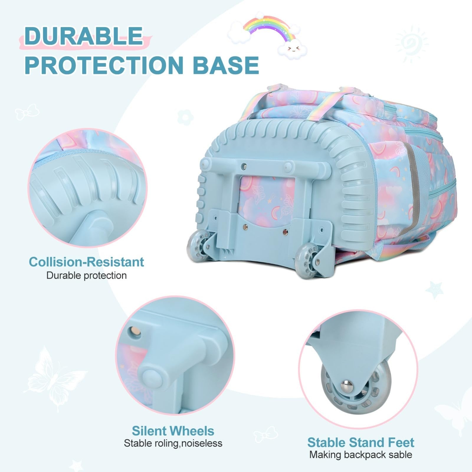 3PCS Girls Rainbow Butterfly Rolling Backpack Set with Lunch Box   Blue4