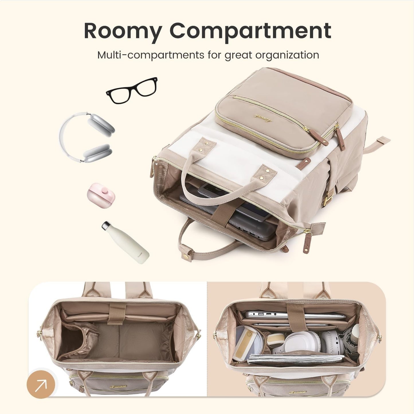 Stylish Waterproof Laptop Backpack for Women, 15.6" Large Capacity Work Bag, Cup3