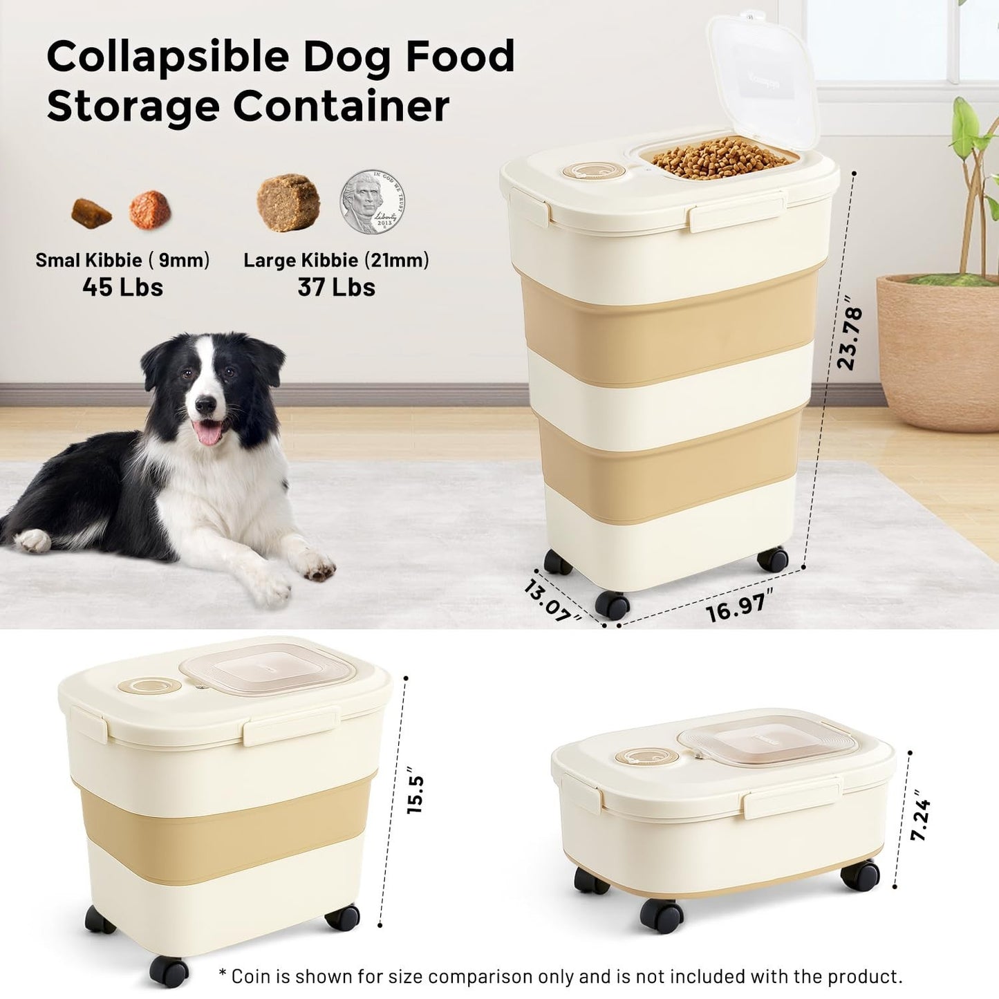 Large Airtight Dog Food Storage Container 40-50lbs with Wheels, Scoop & Date Tra2