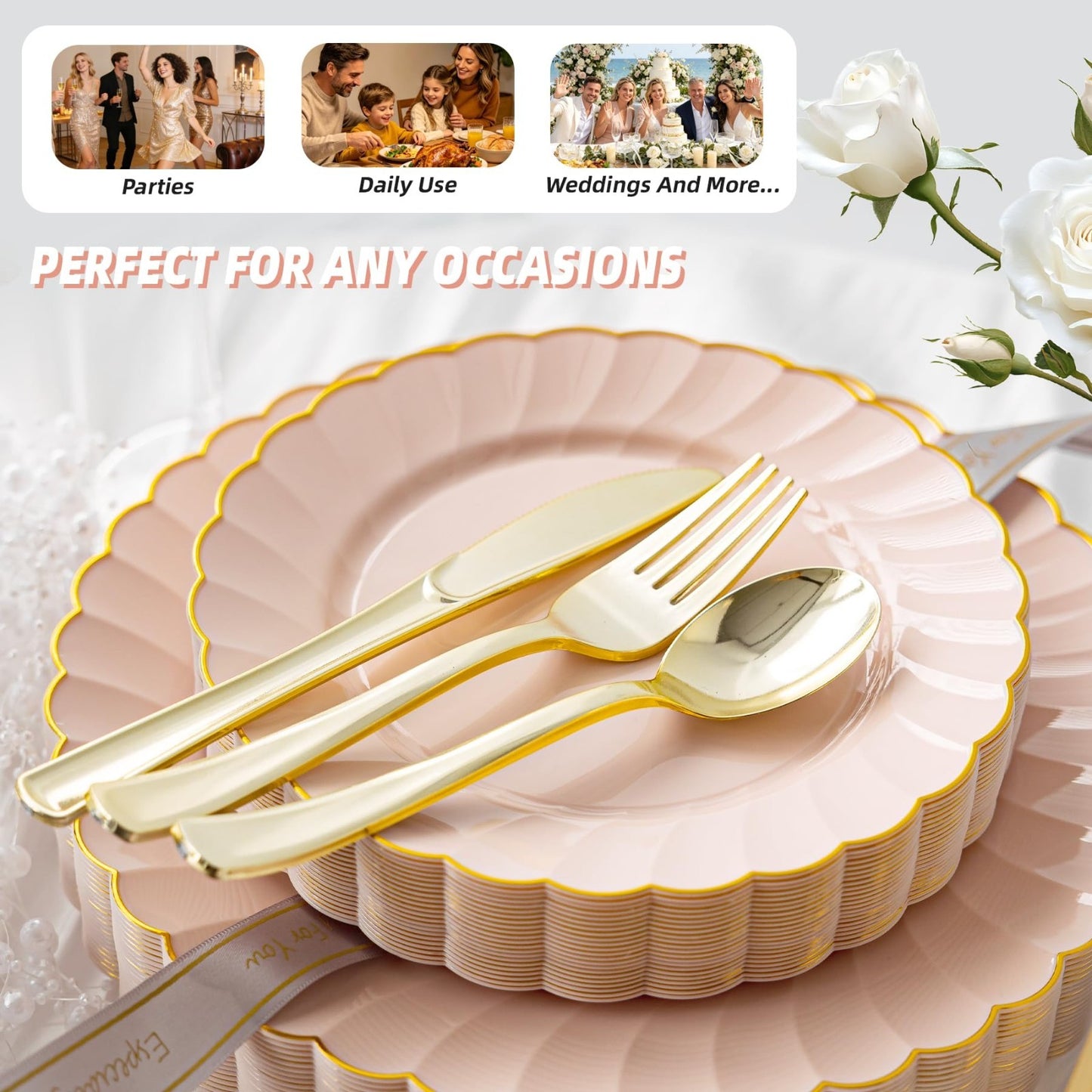 240PCS Pink Gold Scalloped Plastic Plates & Silverware Set for 48 Guests - Fancy7