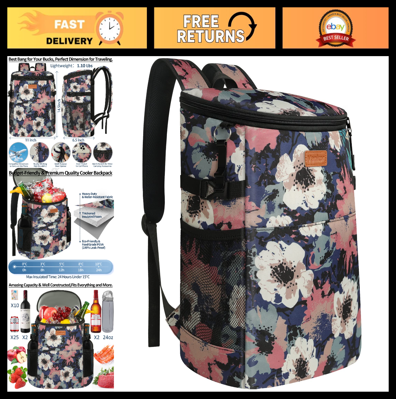 Insulated Camping Cooler Backpack - Holds 30-45 Cans, Waterproof, Leak Proof, Th0