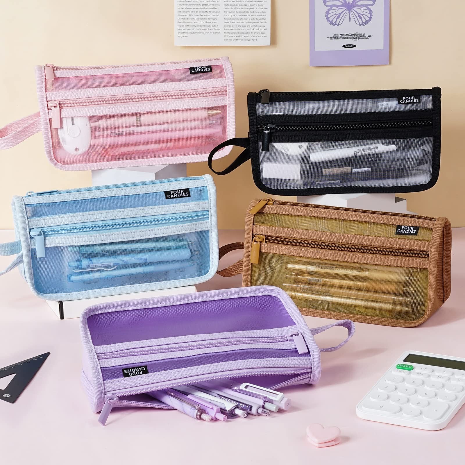Clear Double Layer Pencil Case with Handle   Four Candies Grid Mesh, Pink2