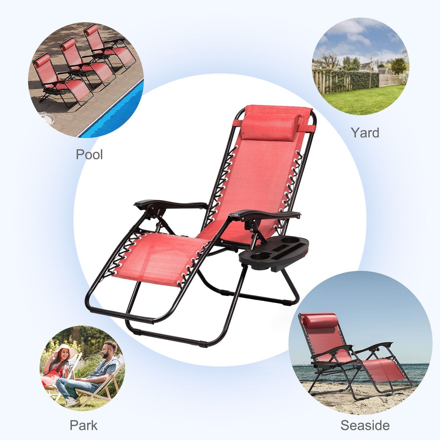 Set of 2 Adjustable Zero Gravity Lounge Chairs   Steel Mesh Patio Recliners with8
