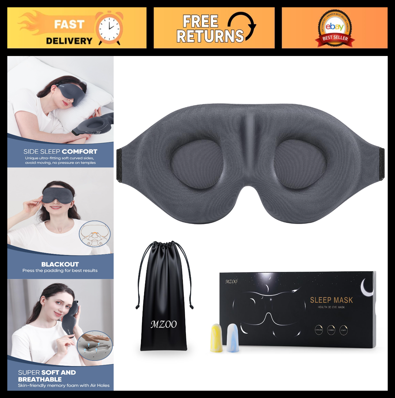 Luxury Sleep Mask - 3D Contoured Light Blocking Eye Mask for Side Sleepers, Adju0