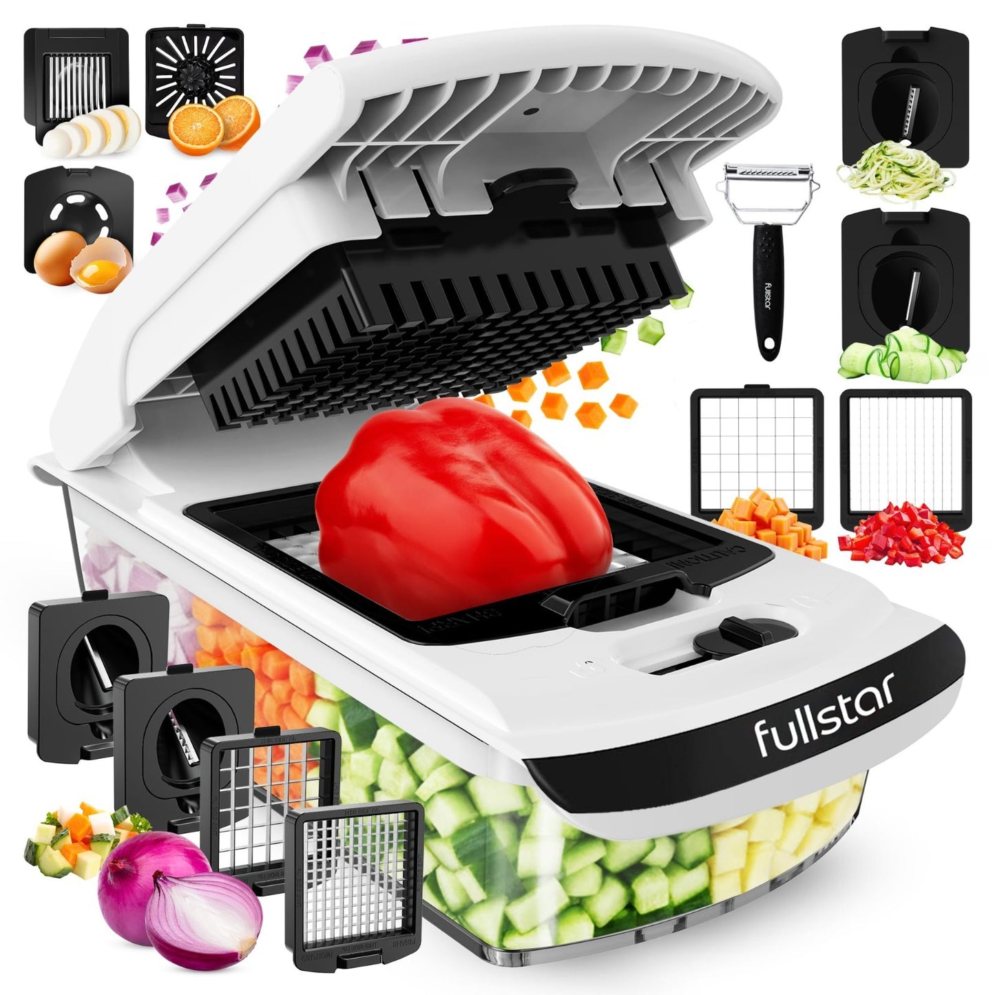 6 in 1 Vegetable Chopper & Spiralizer, Stainless Steel Food Slicer with Containe1