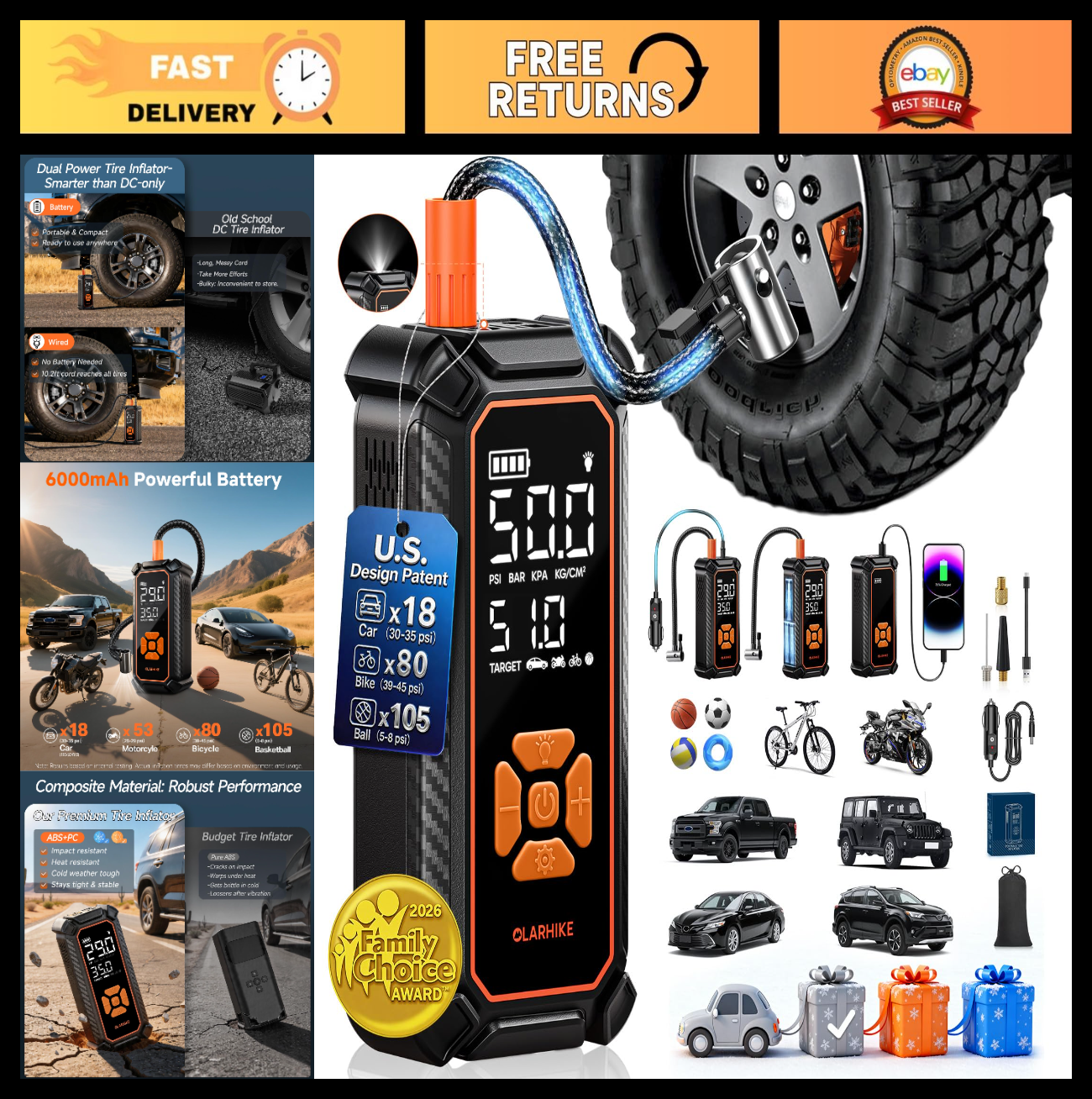 Portable Tire Inflator Air Compressor   6000mAh & 12V DC, Cordless Pump for Cars0