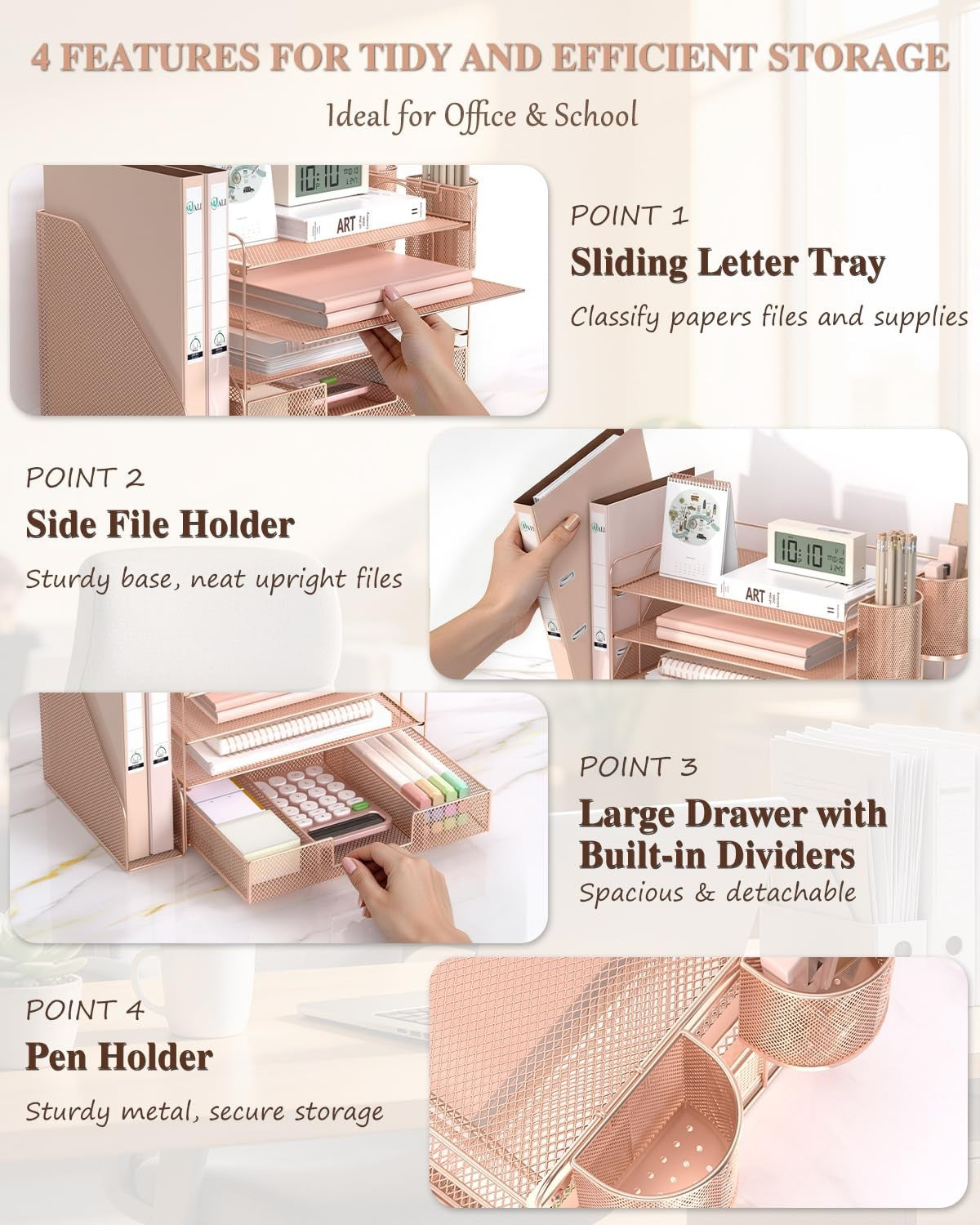 4 Tier Desktop File Organizer with Drawer & 2 Pen Holders   Rose Gold Office Sup5