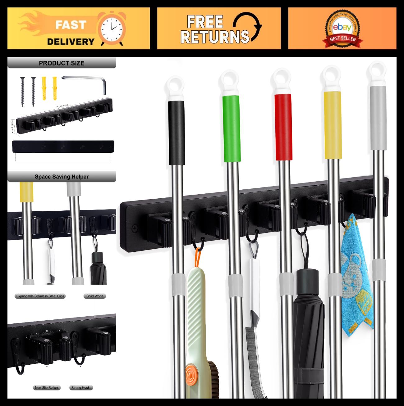 Wall Mounted Broom Holder with 5 Slots & 4 Hooks - Rustic Wood Tool Organizer Ra0