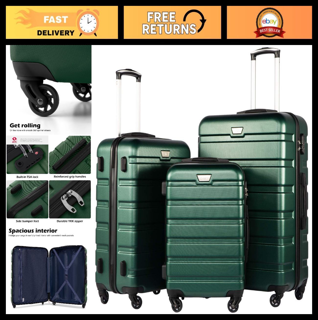 Lightweight 3-Piece Hardshell Luggage Set, Dark Green, 360° Spinner Wheels, TSA0