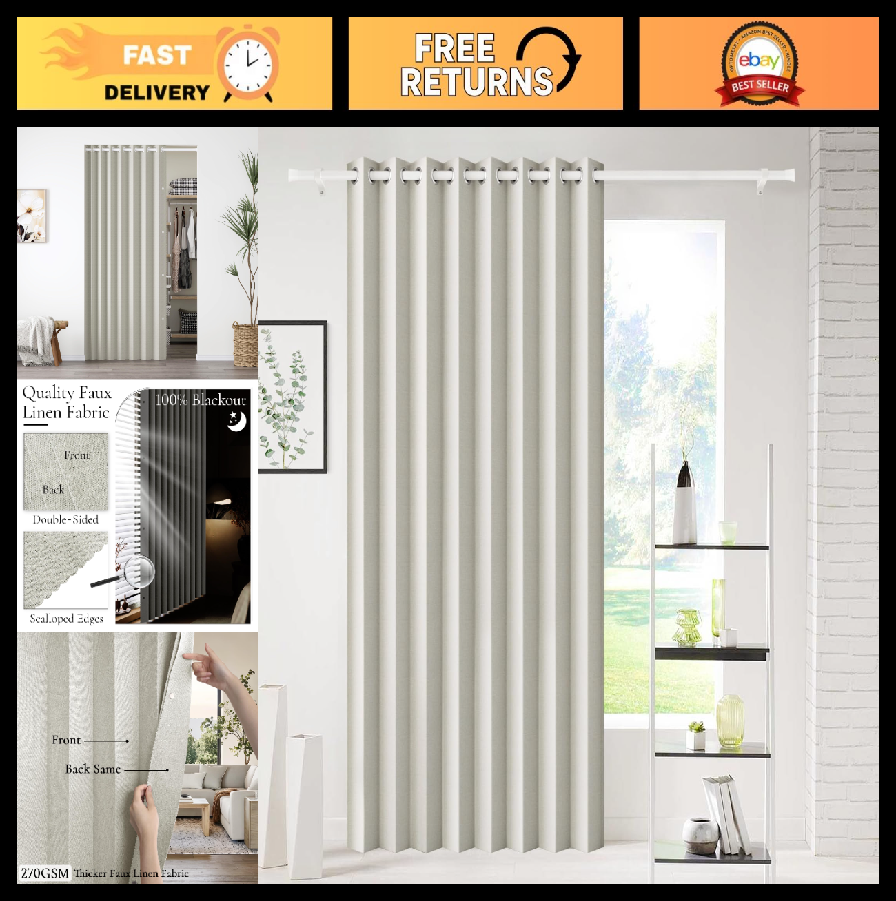 Magnetic Closure Pleated Blackout Curtain Panel, Grommet Door/Window, W60 x L800