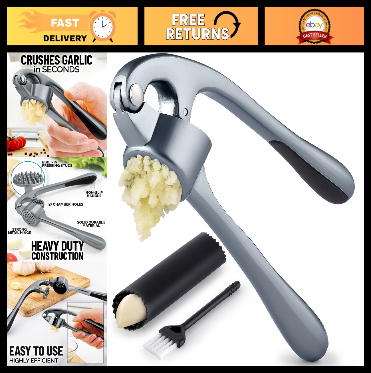 Premium Garlic Press Set   Rust Proof Mincer Tool, Easy Squeeze, Ergonomic Handl0