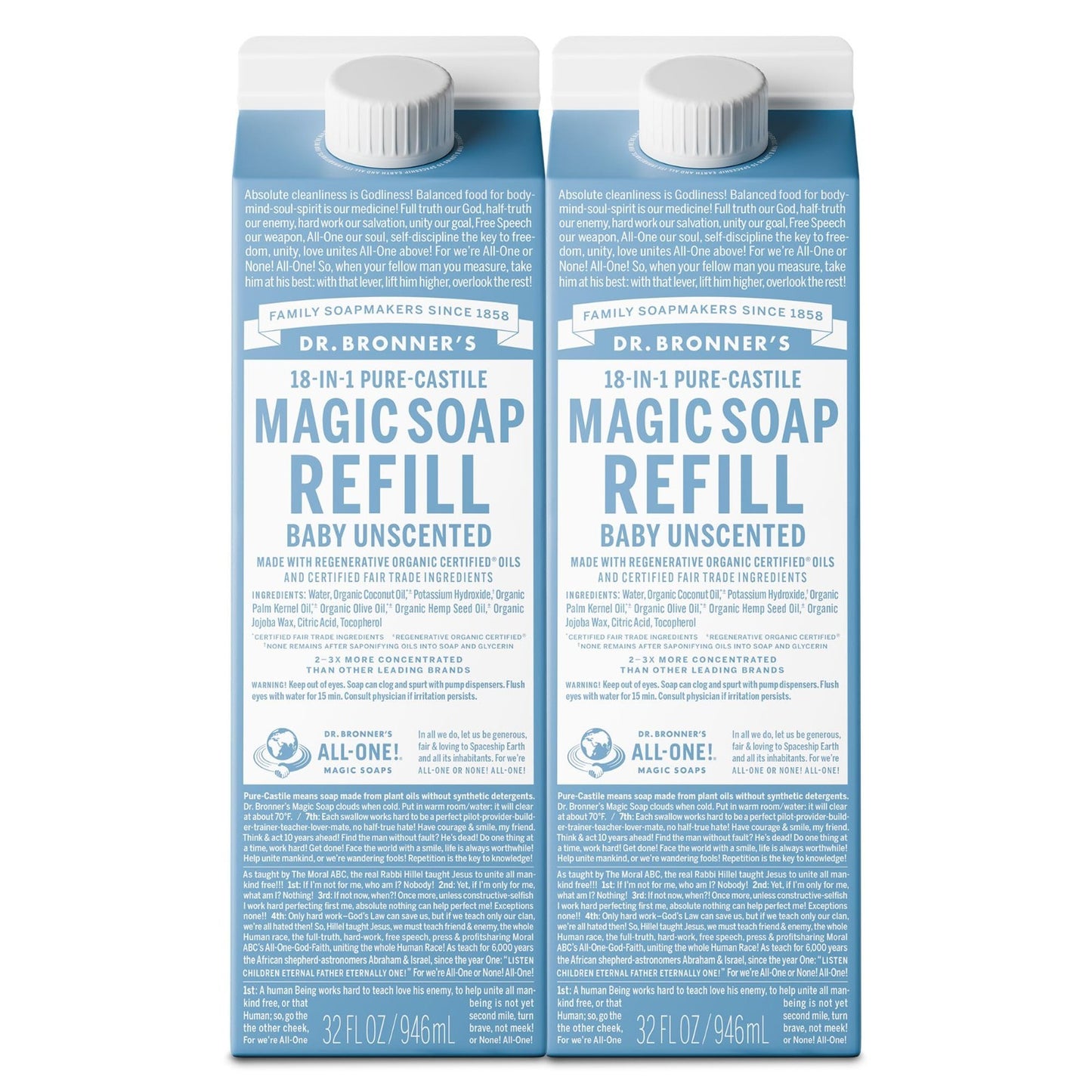 Pure Castile Liquid Soap Refill - Baby Unscented, 32oz 2-Pack, Organic, Vegan, M1