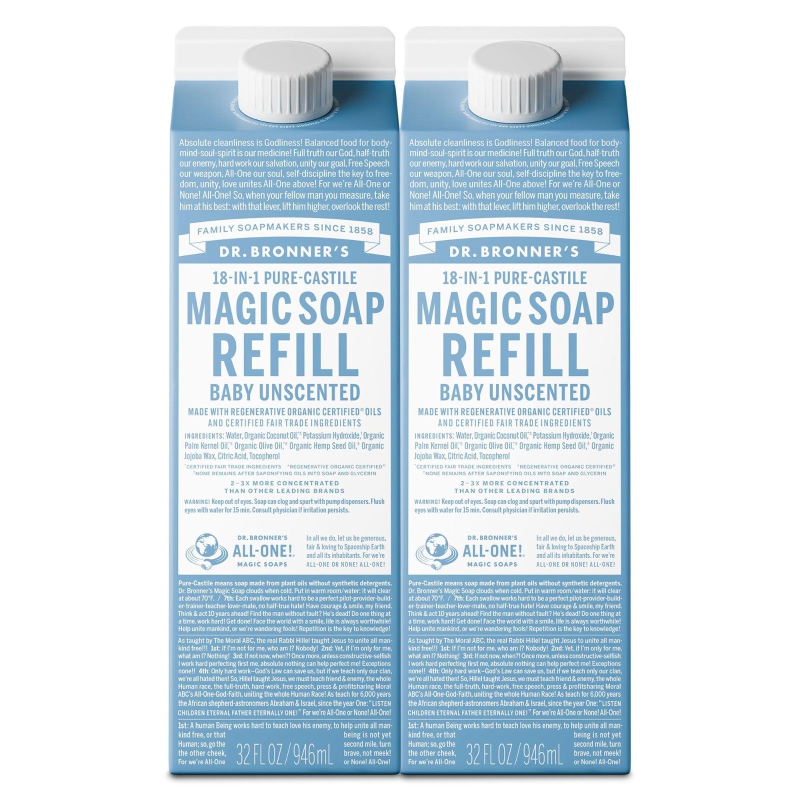Pure Castile Liquid Soap Refill - Baby Unscented, 32oz 2-Pack, Organic, Vegan, M1
