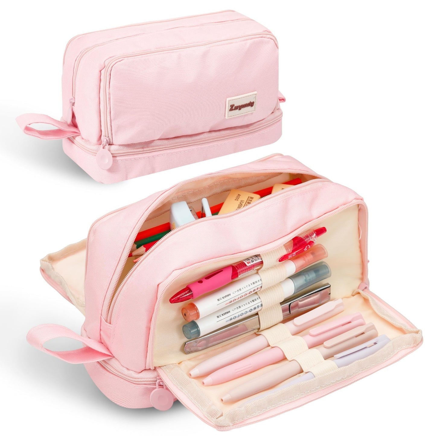Large Capacity Pink Pencil Case with 4 Compartments, Zippered Pouch & Handle for1