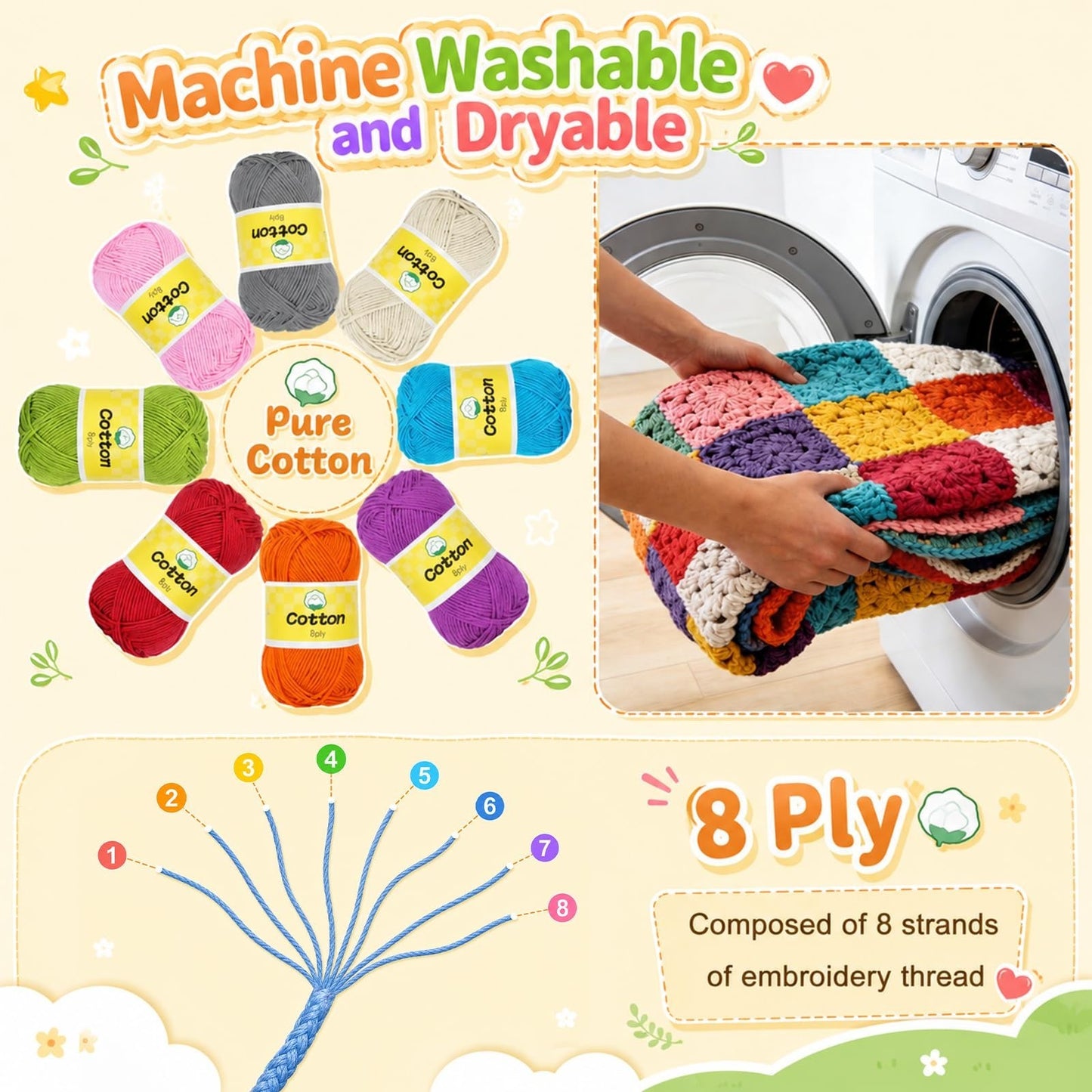 100% Cotton Mini Crochet Yarn - 20 Pack, Soft Baby Yarn Set, #2 Sport Weight, 905
