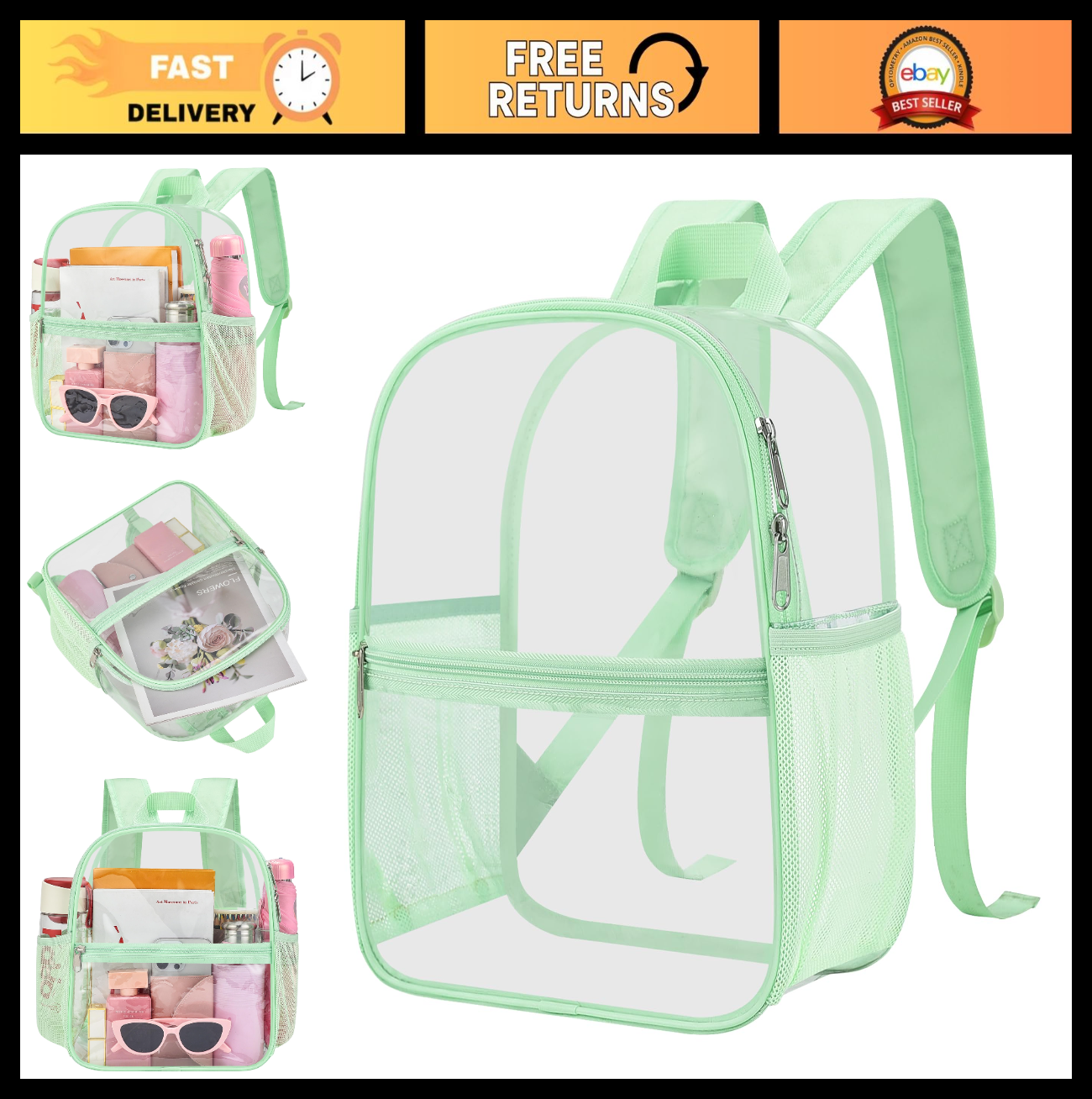 Clear Stadium Backpack 12x11x6" | Waterproof Game Day Bag with 2 Side Pockets0