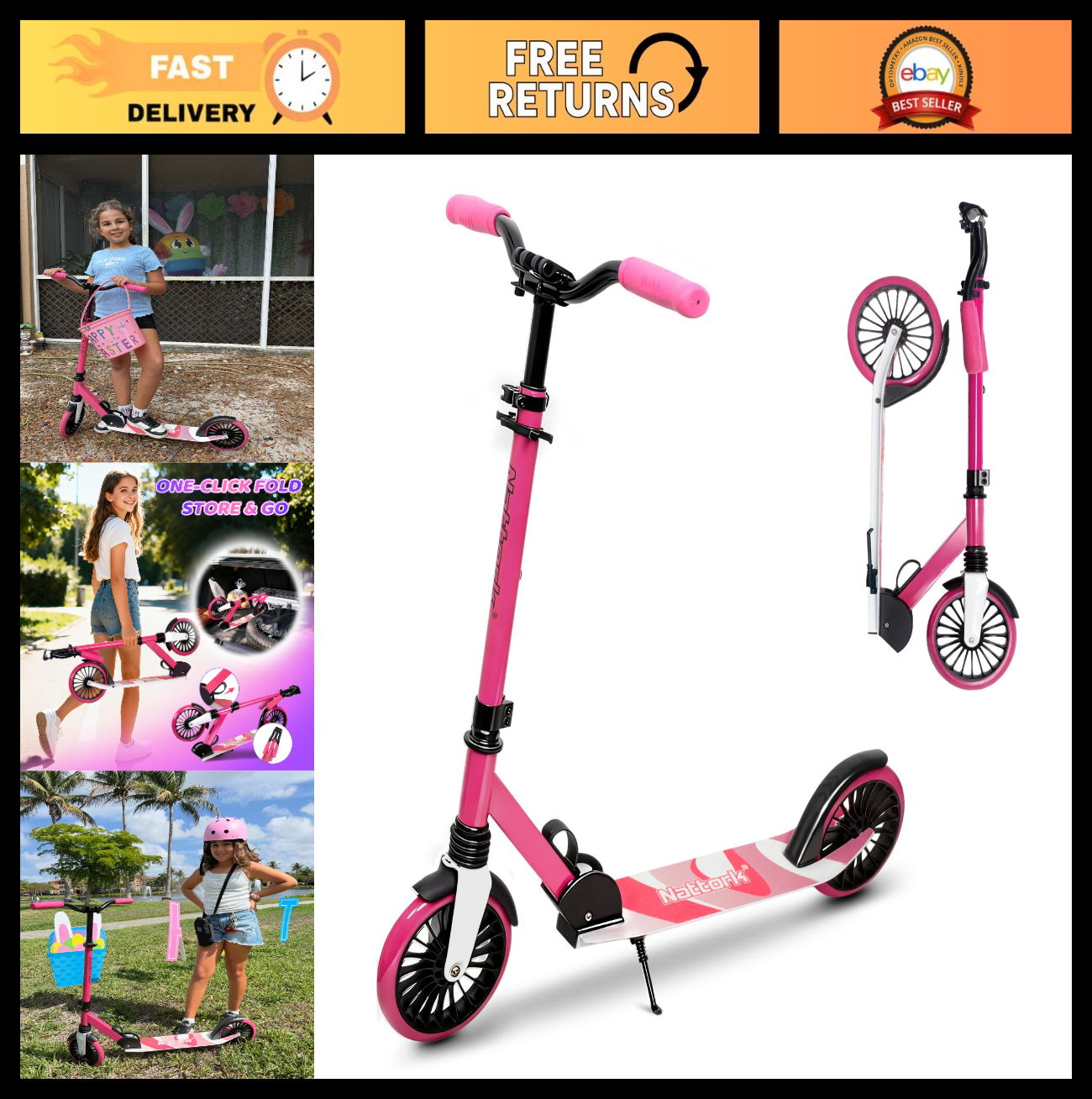 Adjustable Kick Scooter for Kids & Teens, Max Load 240 LBS, Foldable, 8" Wheels,0