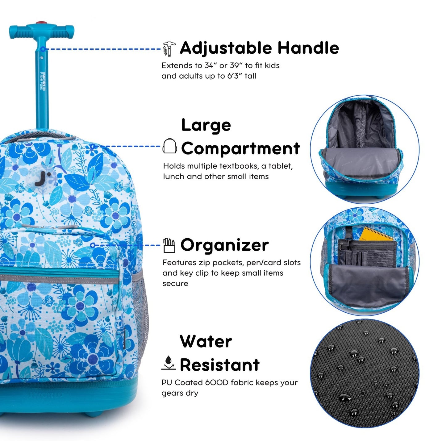 Kids Rolling Backpack with Wheels, School Roller Bookbag for Boys & Girls, 18"x15