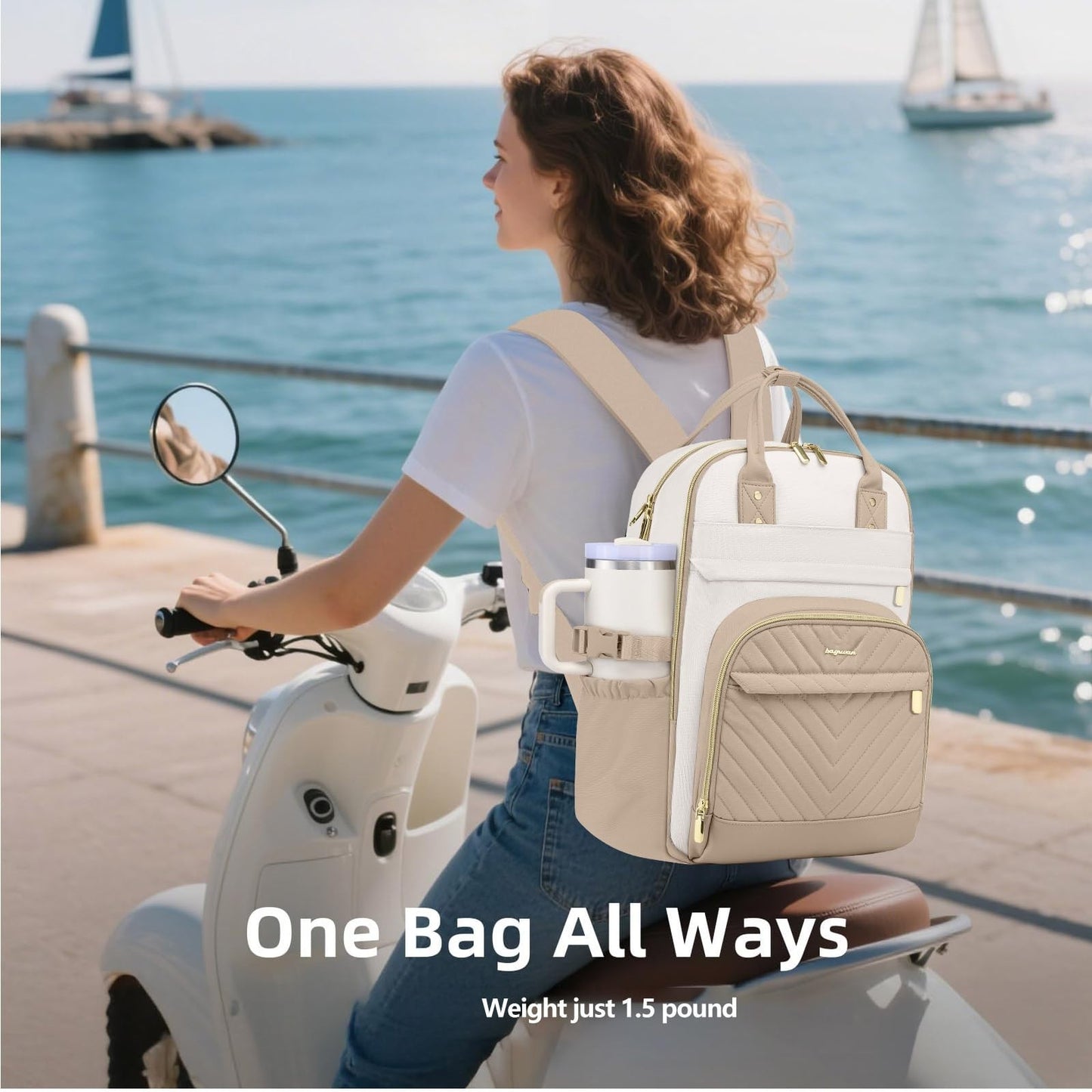 Stylish Laptop Backpack for Women   15.6" College Bookbag with Large Tumbler Poc2