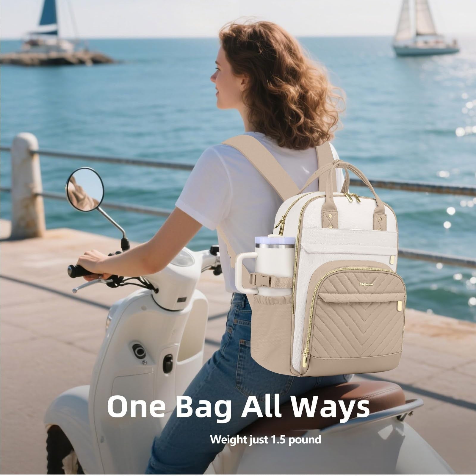 Stylish Laptop Backpack for Women   15.6" College Bookbag with Large Tumbler Poc2