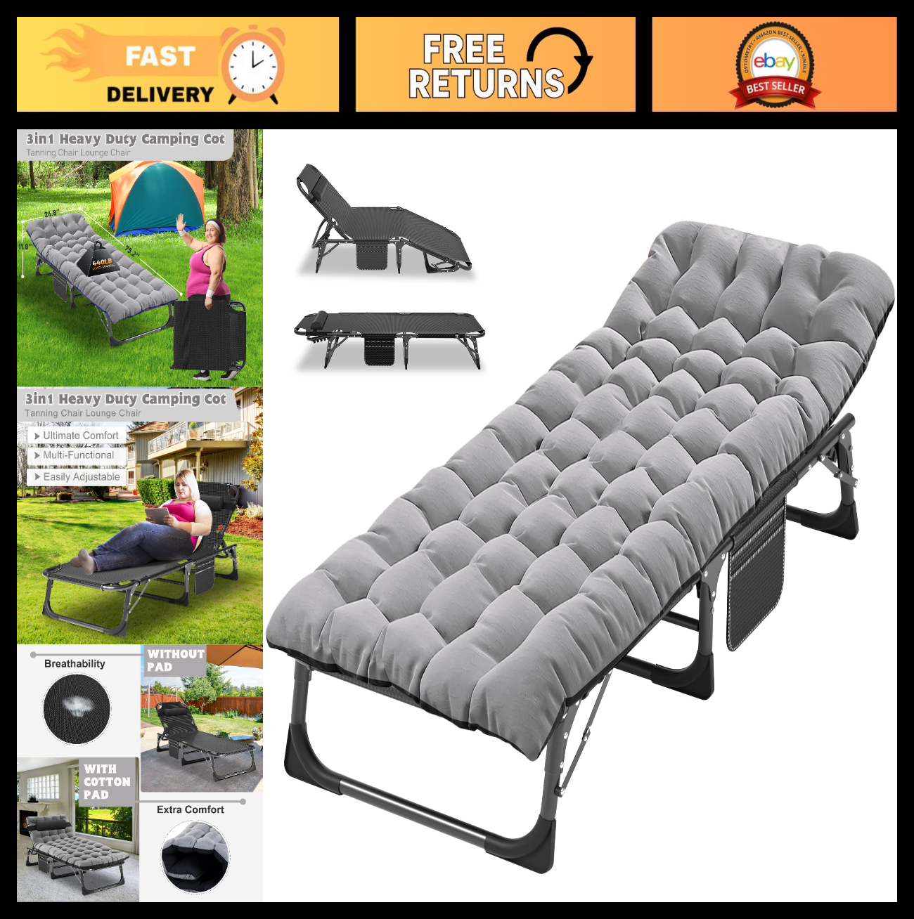 Extra Wide 28" Folding Camping Cot for Adults   Heavy Duty, 440 lbs Capacity, Qu0