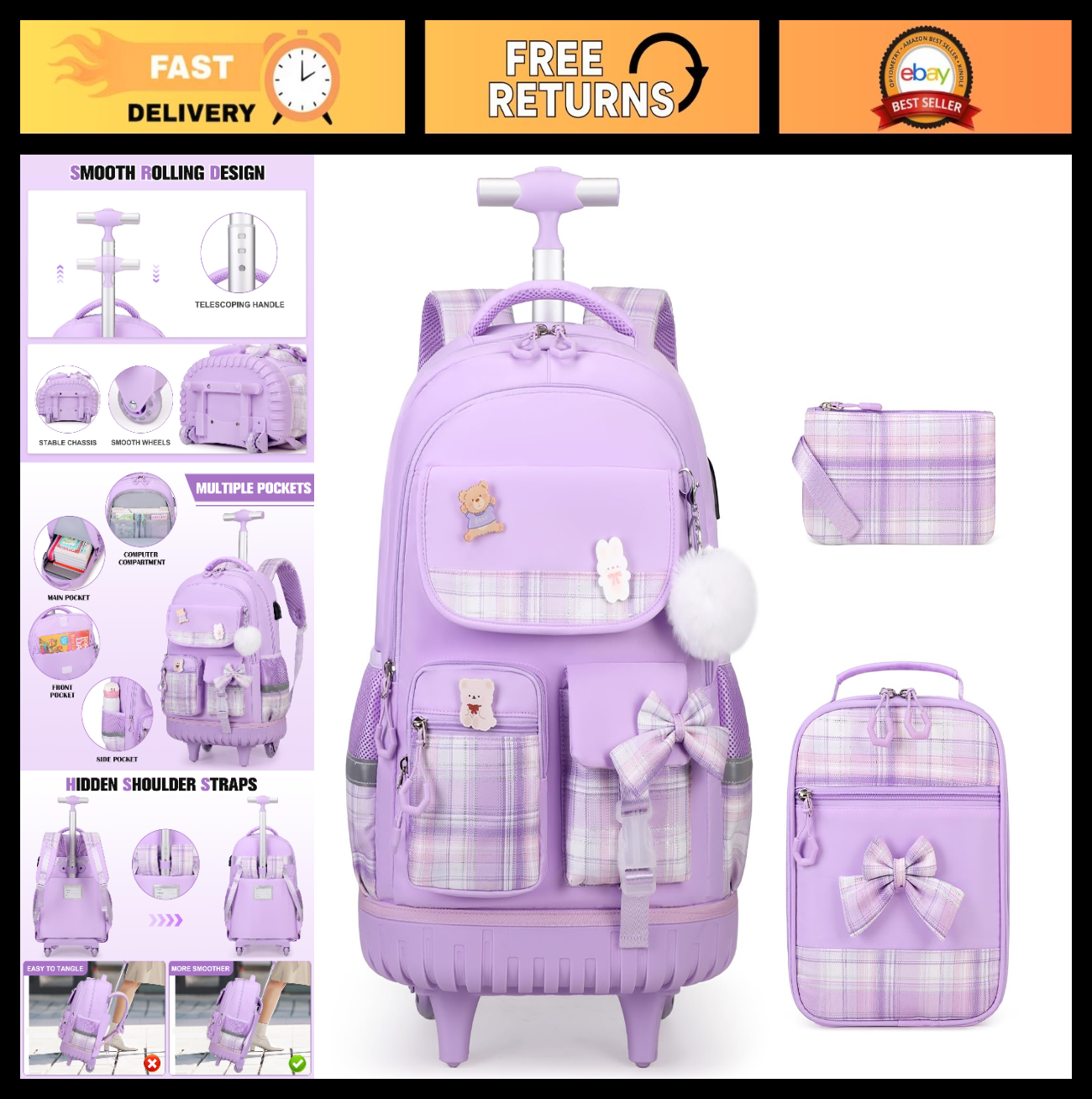 Rolling Backpack for Girls   Wheeled School Bag with Lunch Bag & Pencil Pouch, P0