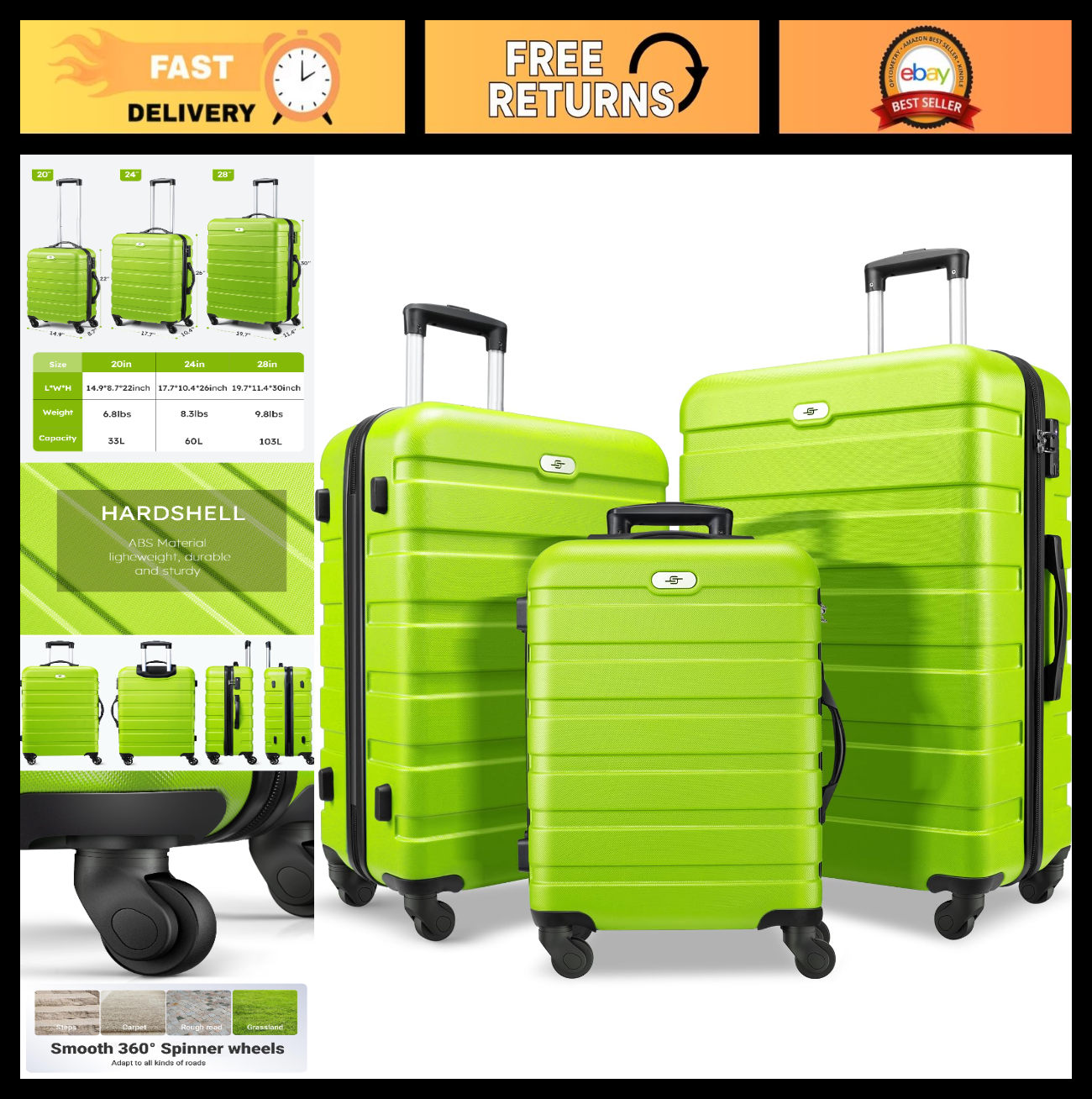 3 Piece Hard Shell Luggage Set with Spinner Wheels & TSA Lock - 20/24/28 Inch, L0