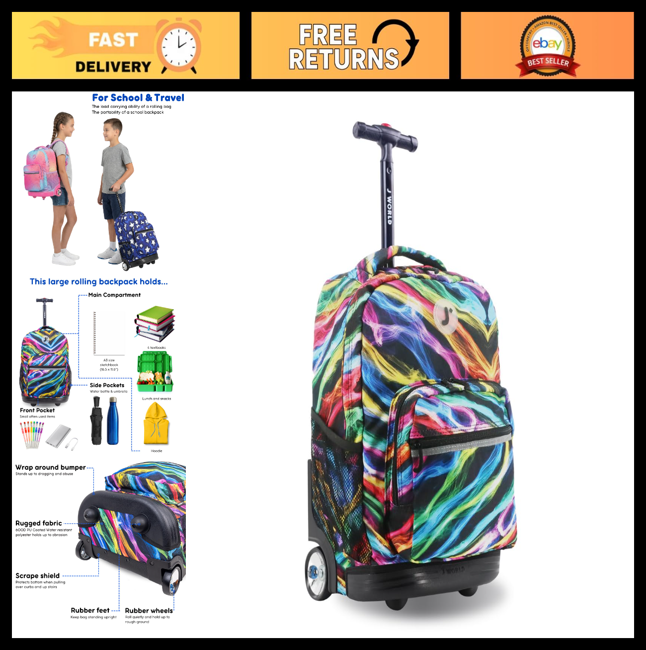 Kids Rolling Backpack with Wheels, 18" School Bookbag for Boys & Girls, Durable0