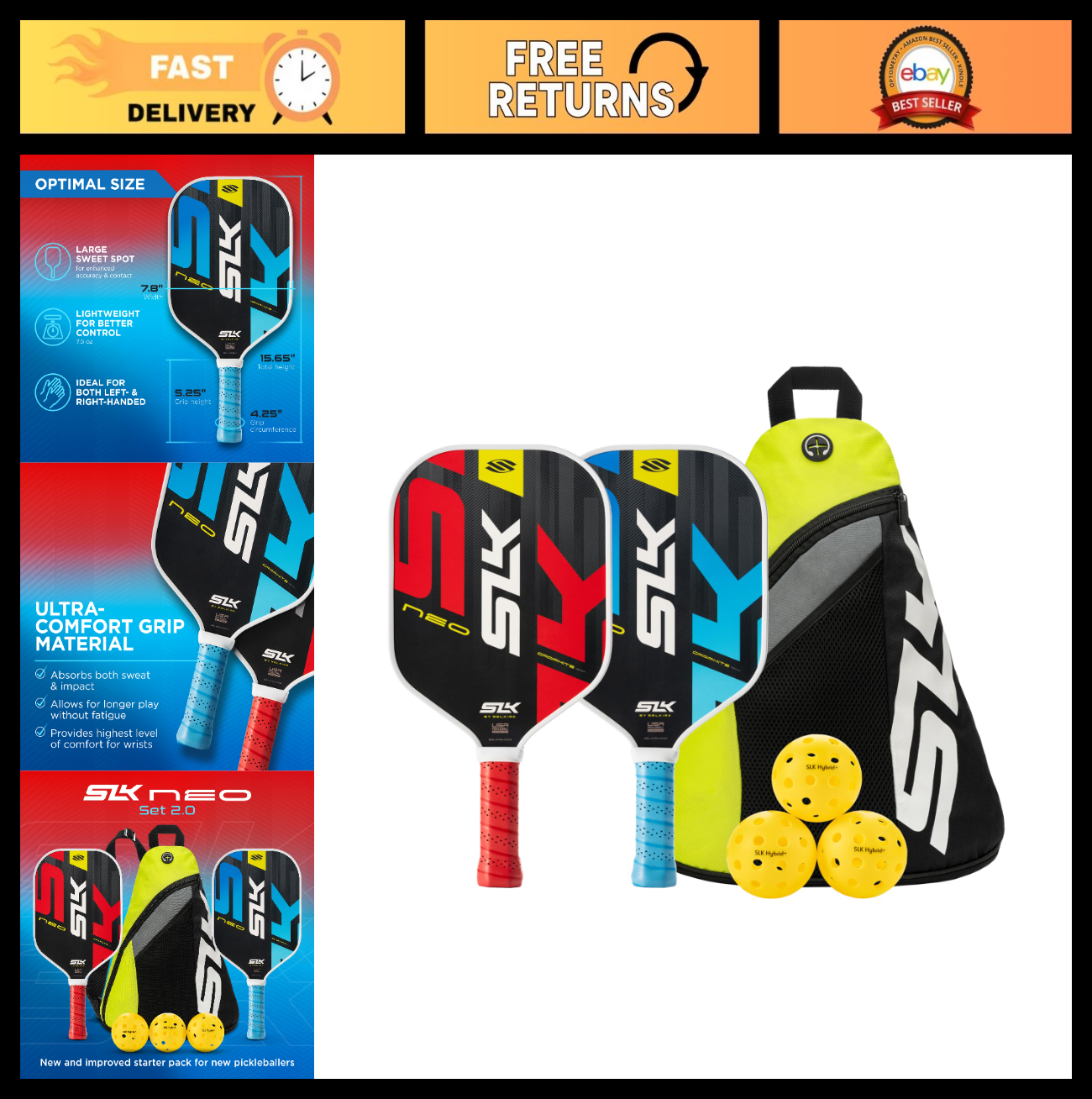 Pickleball Paddle Set of 2 with Pickleballs & Sling Bag | Graphite/Fiberglass Ra0