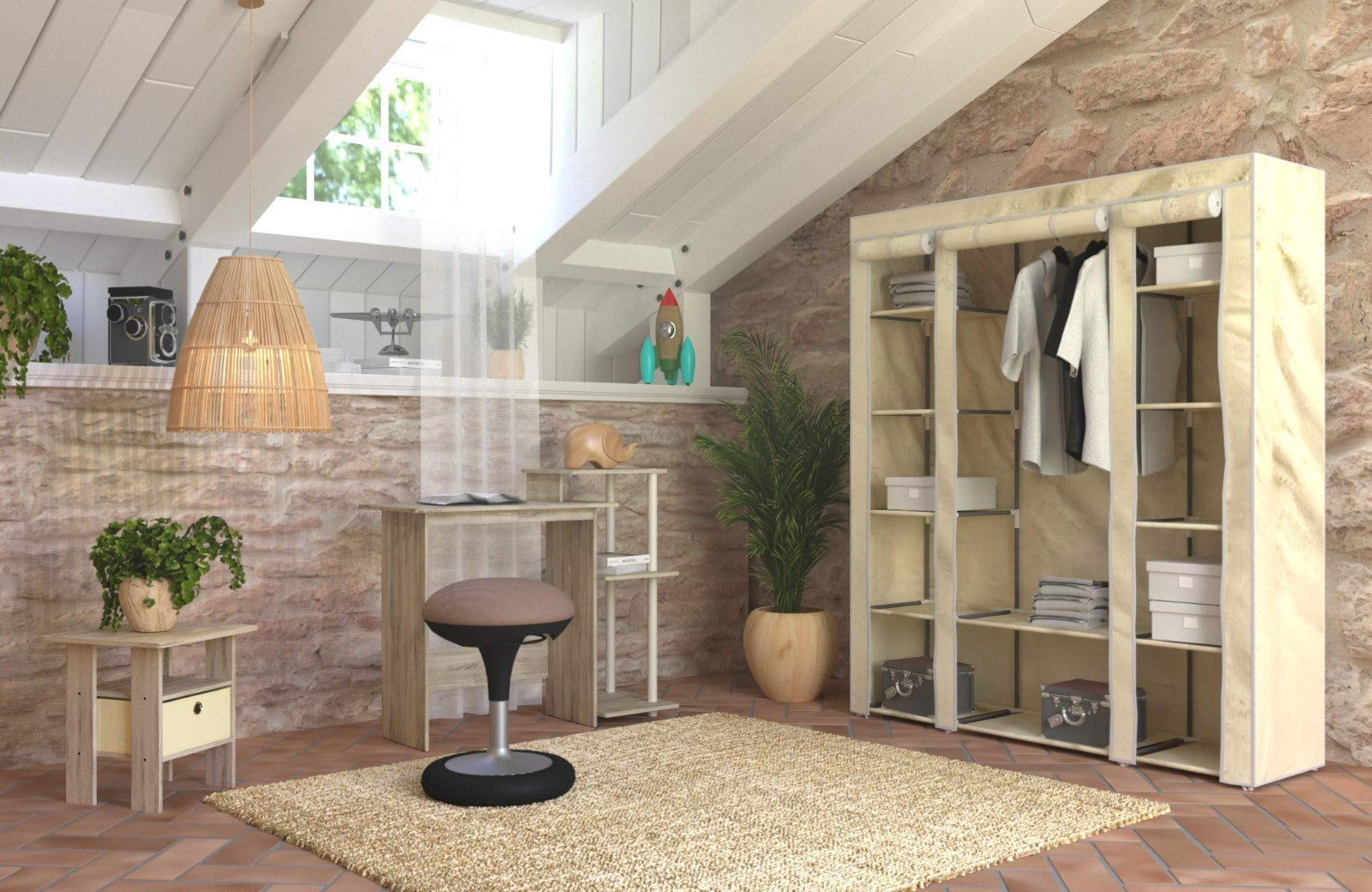 Modern Side Table with Open Shelves & Storage Bin - Nightstand for Living Room/B2