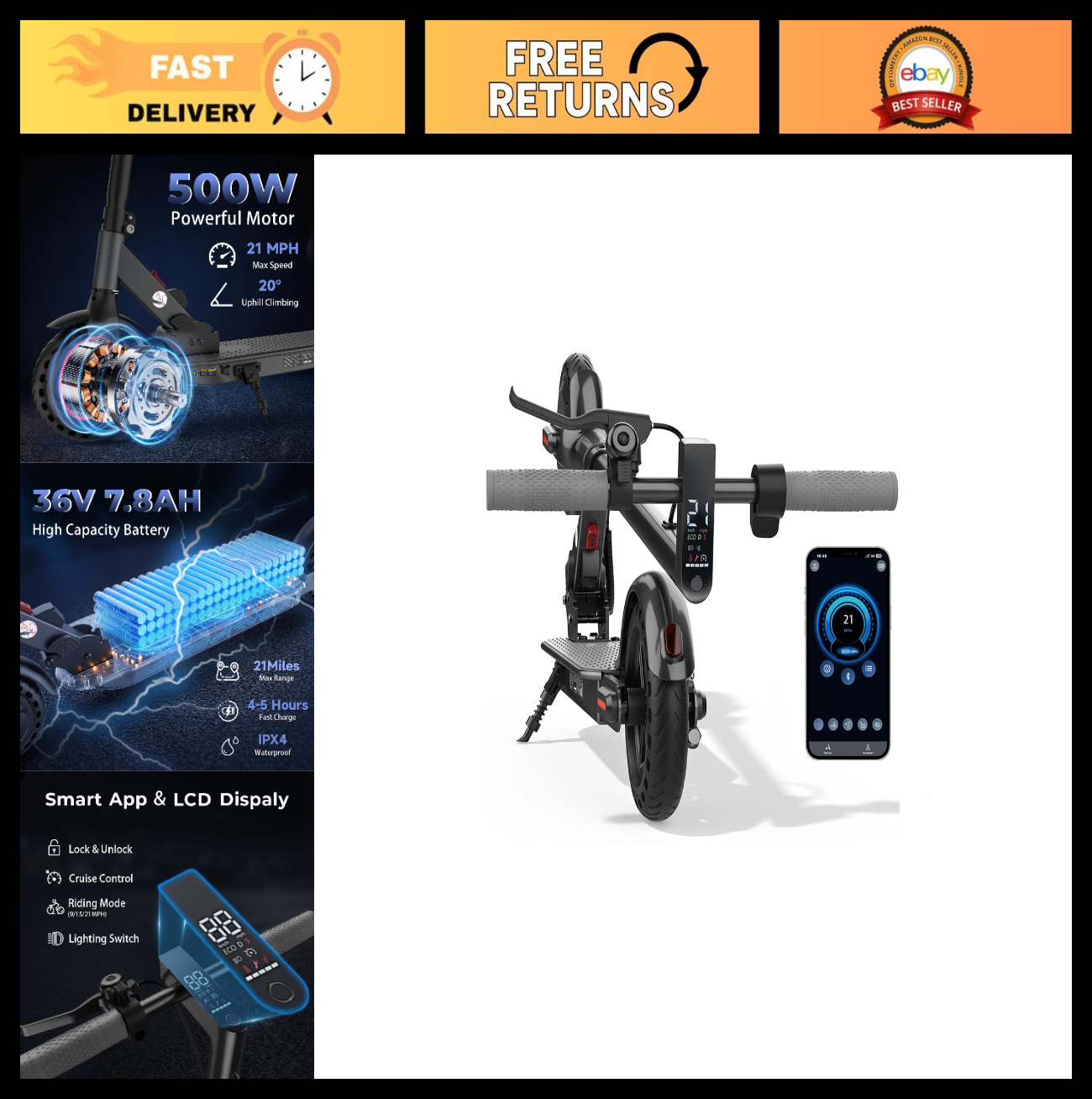 High-Power Electric Scooter for Adults, 1200W/1000W/500W Motor, 10"/8.5" Tires,0