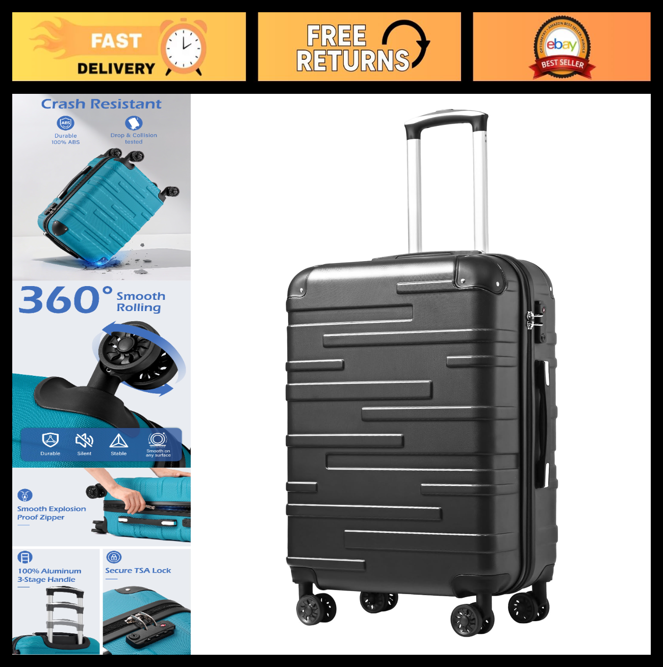 28" Hardside ABS Luggage with TSA Lock, 360° Spinner Wheels, Expandable, Scratch0