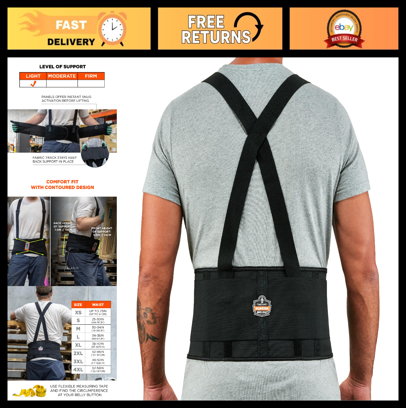 Adjustable Back Support Belt, 7.5" Elastic, Removable Straps, Large Size, Comfor0