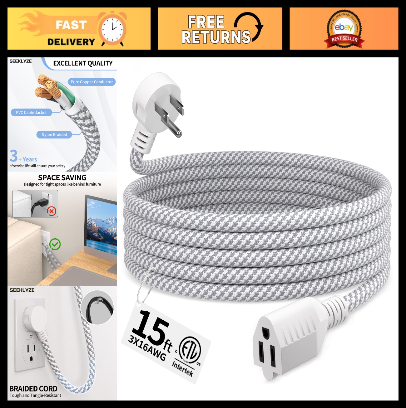 15FT 16 Gauge Braided Extension Cord, Flat Plug Power Cord for Indoor Use0