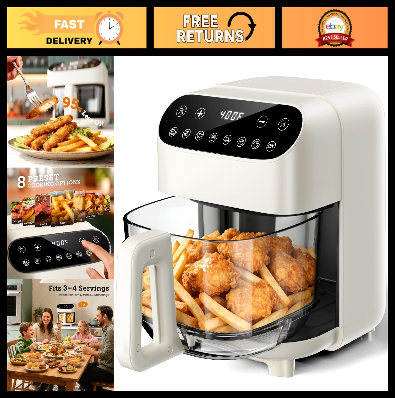 5QT Glass Air Fryer, BPA-Free Non-Toxic, Digital Touch Control, 1500W, Dishwashe0