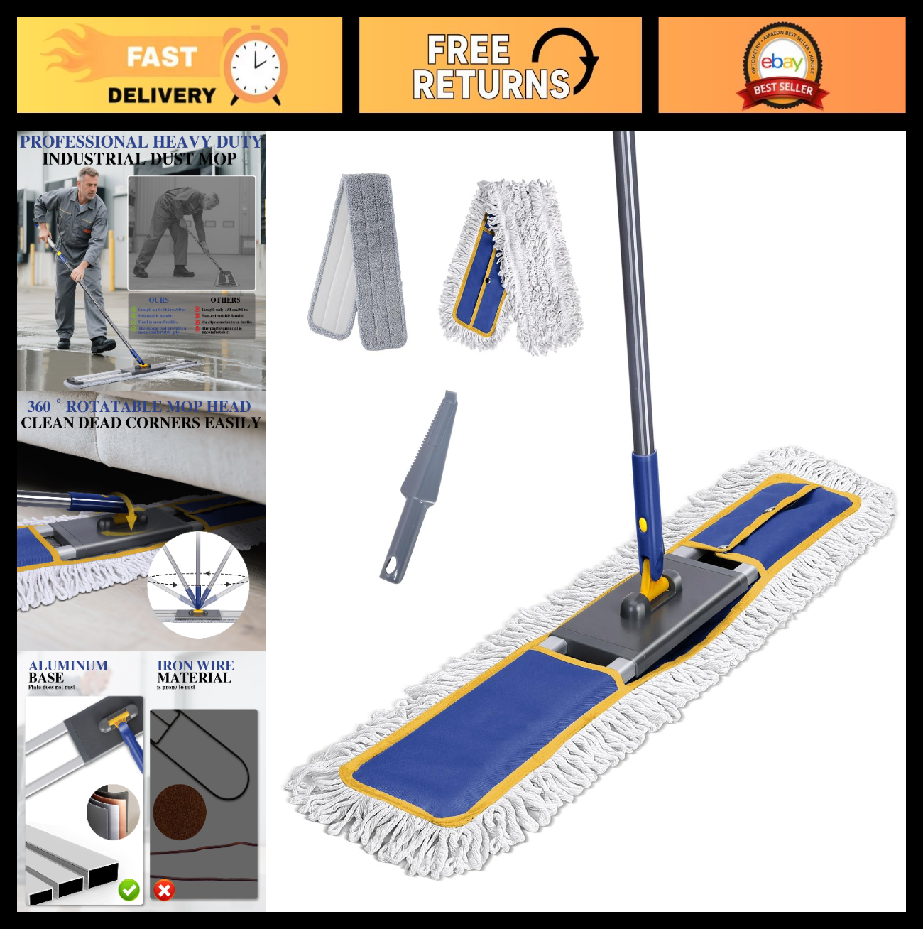 36" Commercial Microfiber Dust Mop - Large Floor Cleaning Tool, Heavy Duty0