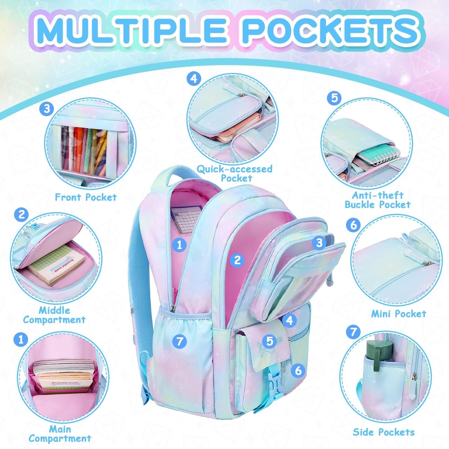 Kids Backpack for Girls - School Bag for Middle School & Elementary - Blue Book2