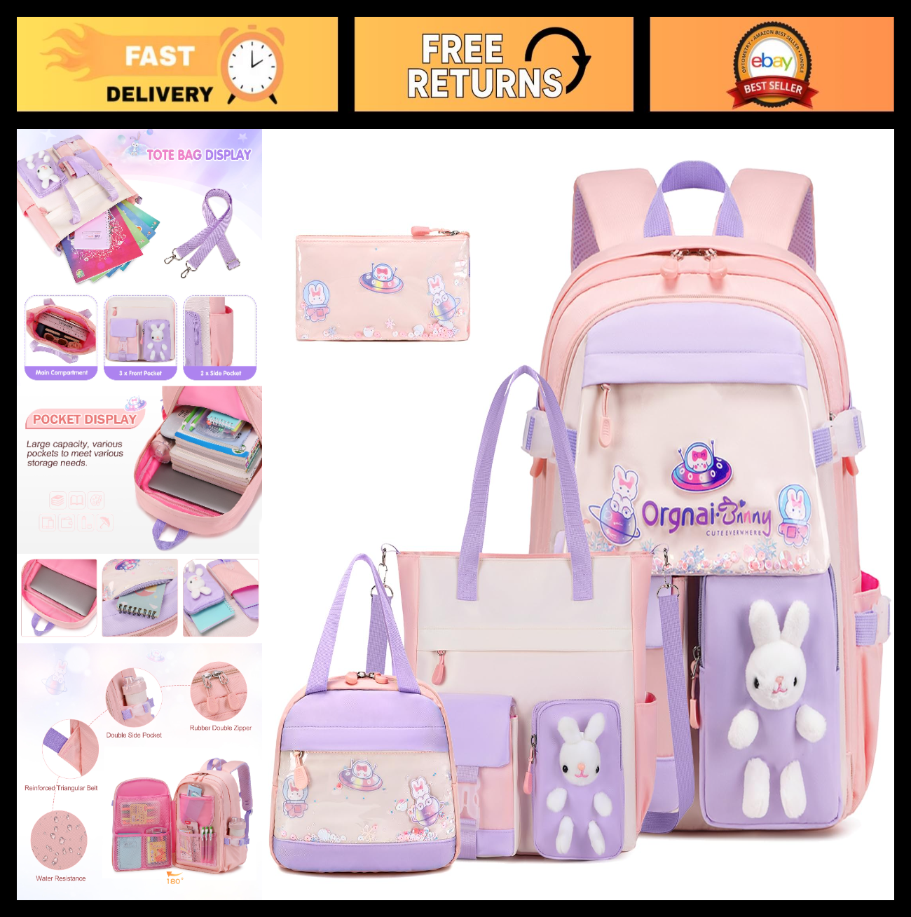 Kawaii Bunny Girls Backpack Set   4PCS School Bag, Tote, Lunch Box & Pencil Case0