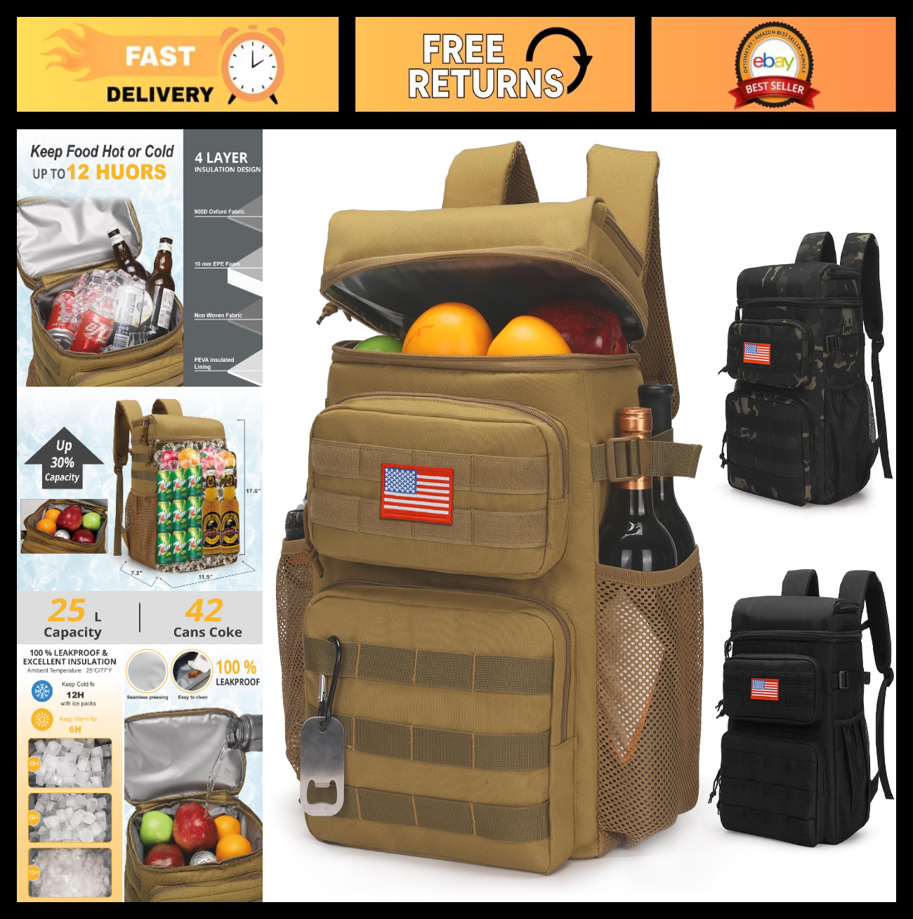 Insulated Tactical Cooler Backpack - Lightweight, Leakproof, Waterproof for Hiki0