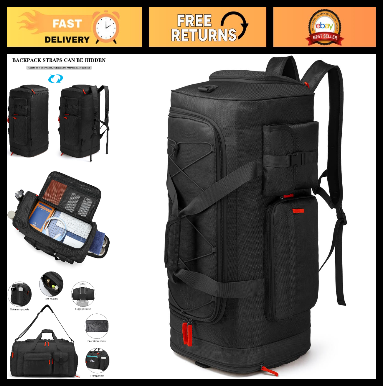 Large 70L Duffle Bag Backpack for Travel   Heavy Duty Gym Bag with Shoe Compartm0
