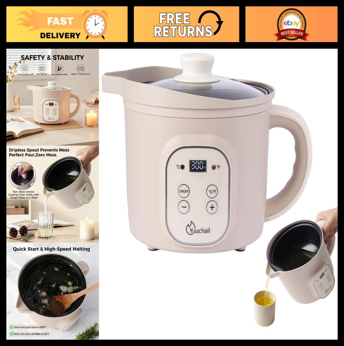 Electric Wax Melter 1.6QT with Digital Display, Temp Control 90-300°F, Auto Shut0