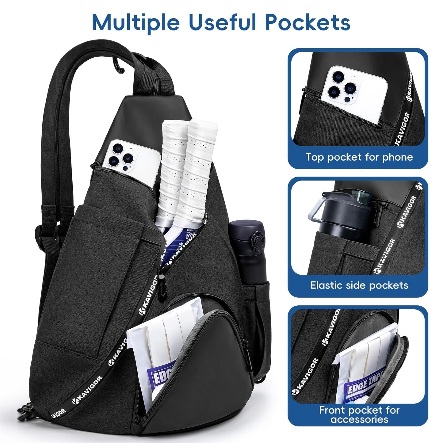 Lightweight Pickleball Sling Bag, 7 Pockets, Water-Resistant, Detachable Strap2