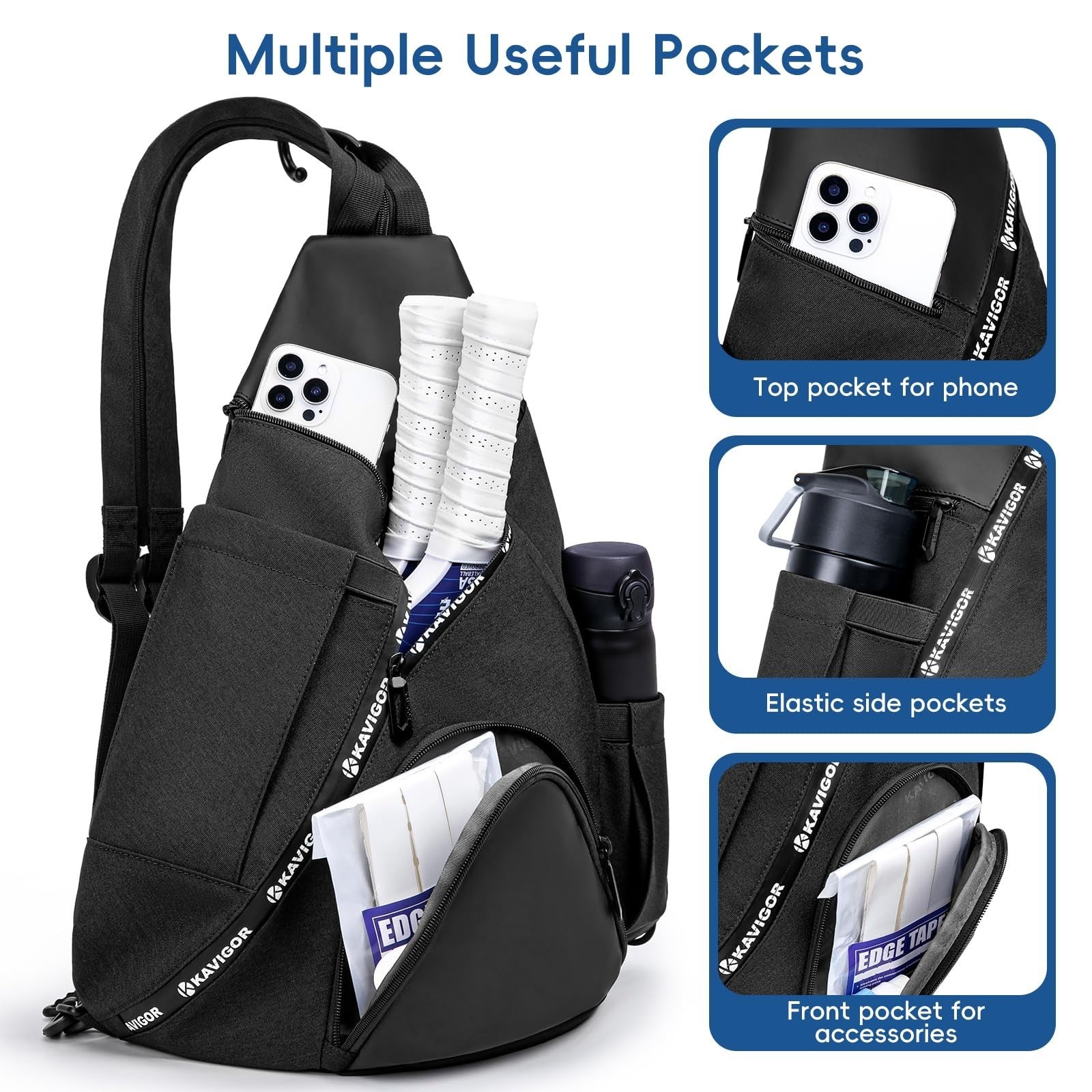 Lightweight Pickleball Sling Bag, 7 Pockets, Water-Resistant, Detachable Strap2