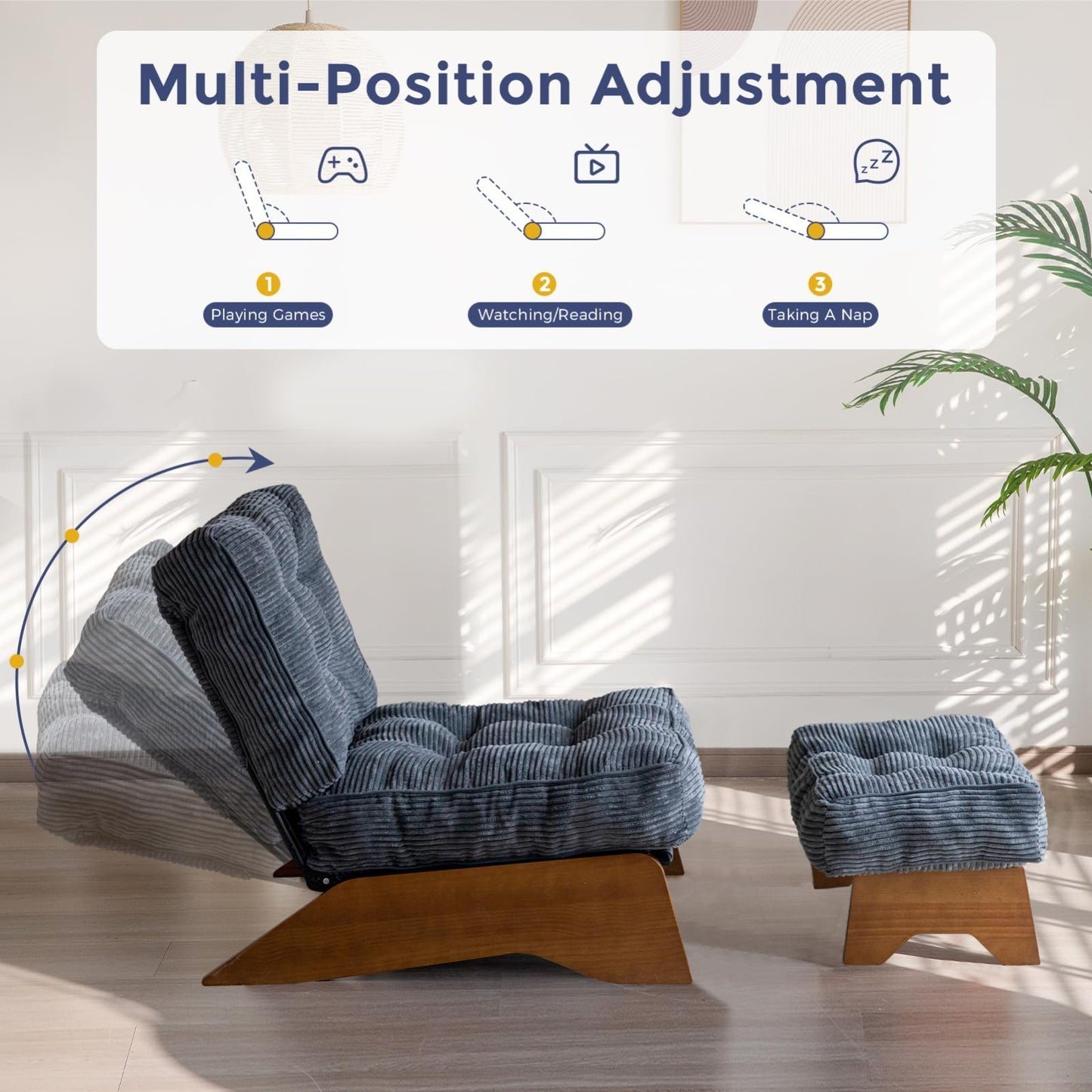 Cozy Modern Accent Chair with Ottoman, Adjustable Backrest, Tufted Upholstered L2