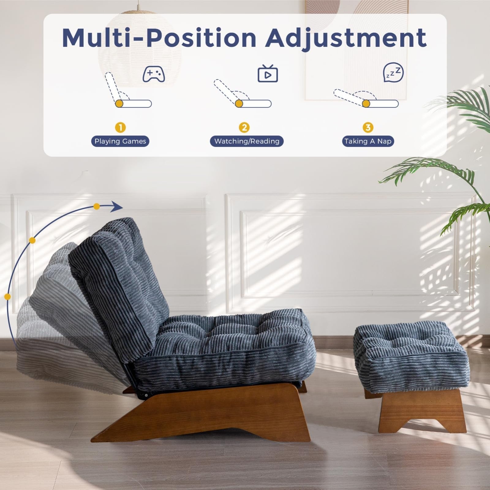 Cozy Modern Accent Chair with Ottoman, Adjustable Backrest, Tufted Upholstered L2