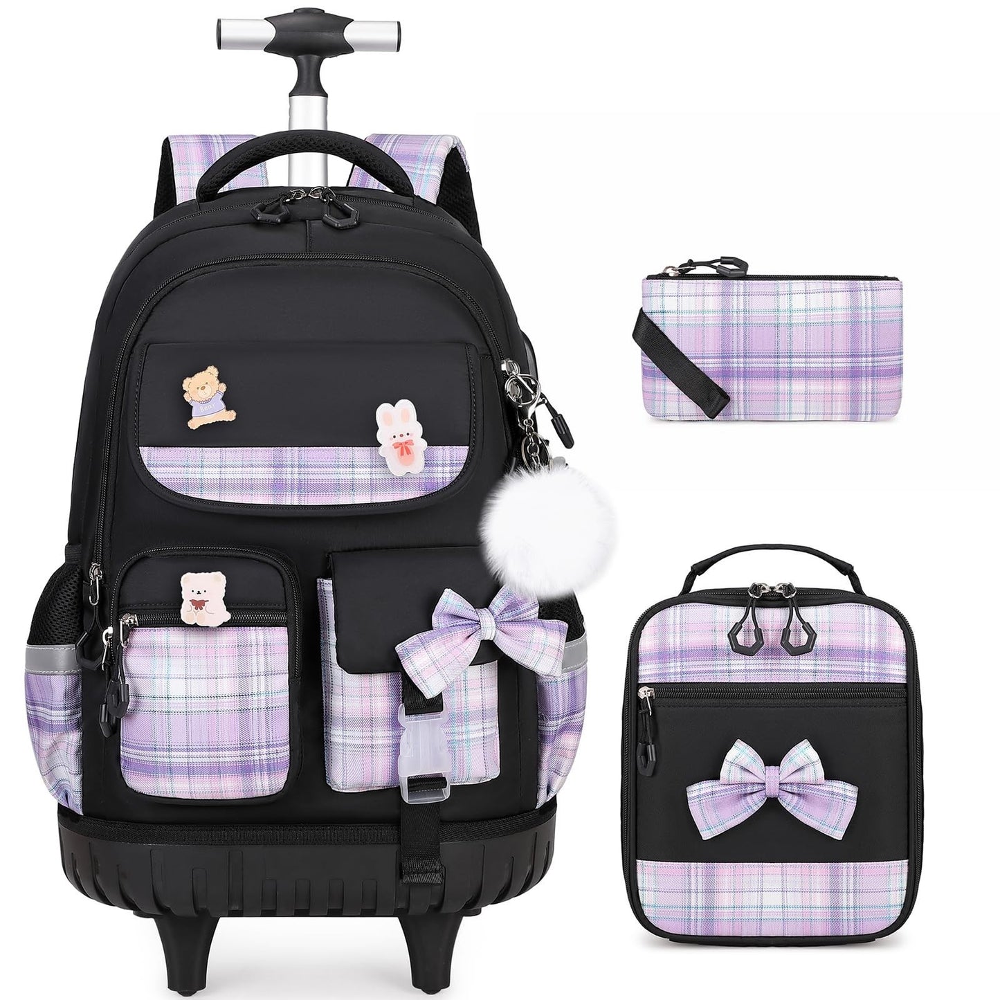 Rolling Backpack for Girls   Wheeled School Bag with Lunch Bag & Pencil Pouch, B1