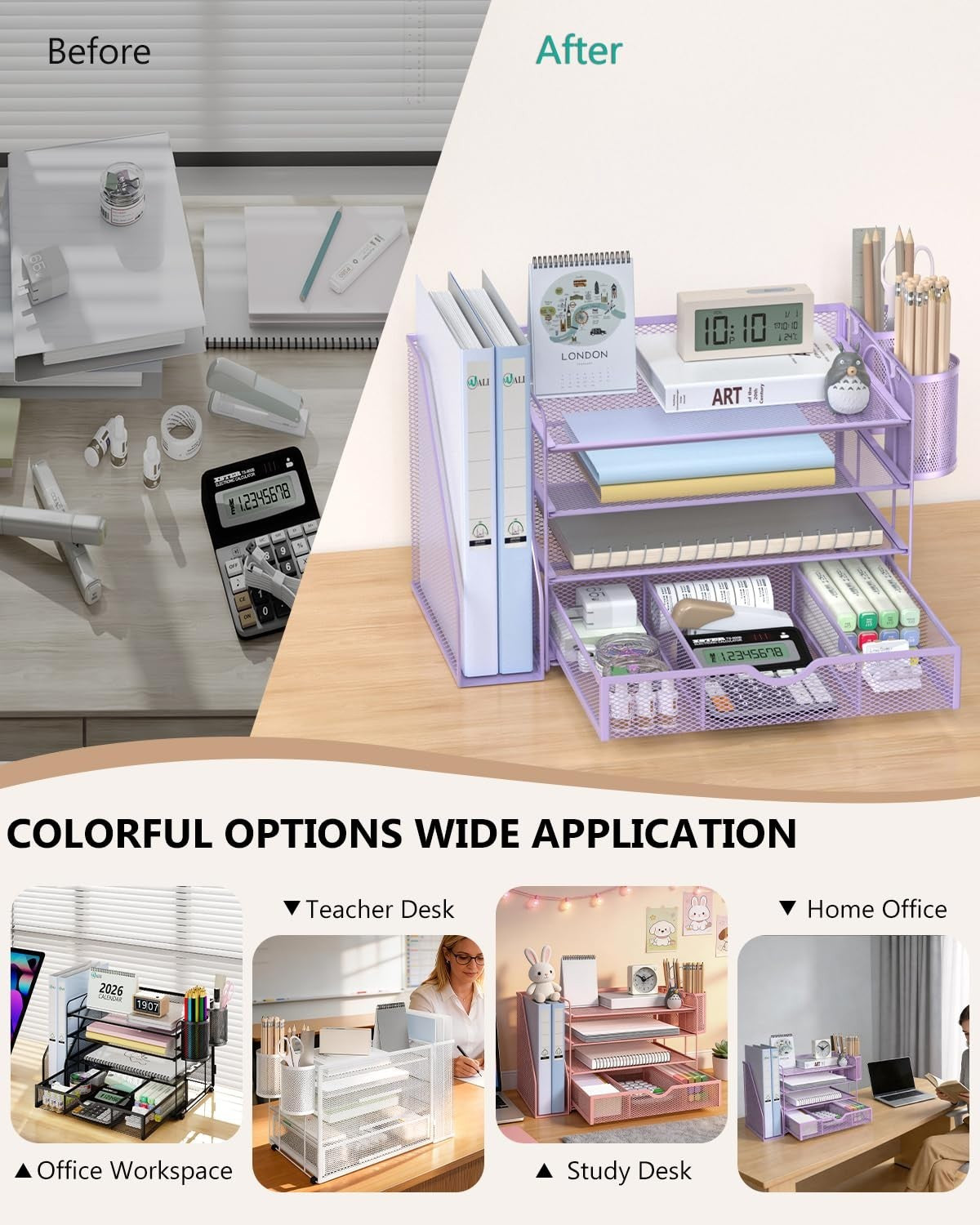 4 Tier Desktop File Organizer with Drawer & 2 Pen Holders   Office Supplies, Pur6