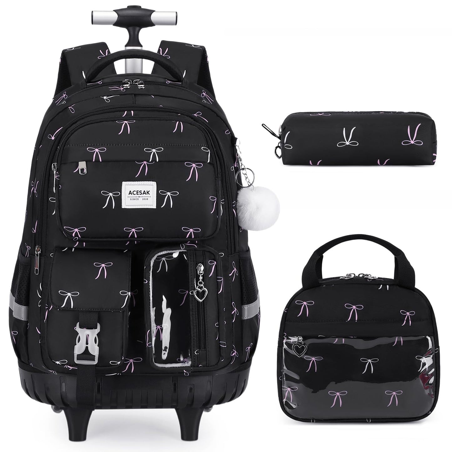 Rolling Backpack for Girls with Lunch Bag & Pencil Pouch   Wheeled Bookbag for S1