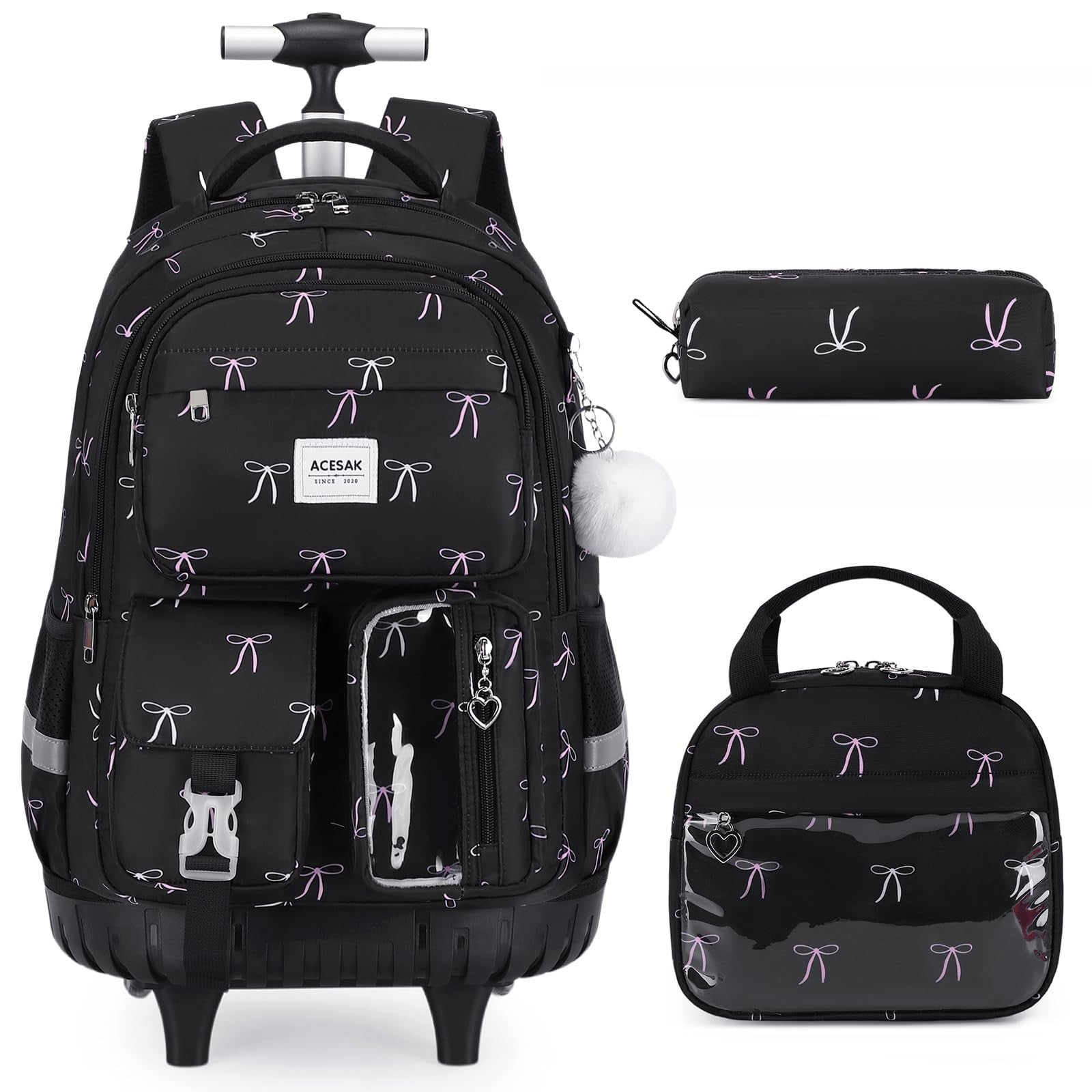 Rolling Backpack for Girls with Lunch Bag & Pencil Pouch   Wheeled Bookbag for S1